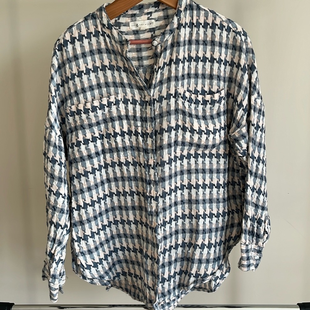 Lou & Grey for Loft Houndstooth OversizedTie Front Long Sleeve Shirt Size S